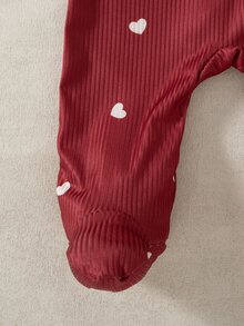 SHEIN 2件組女嬰連腳連身衣附帽子，甜美酒紅色羅紋愛心印花荷葉邊蝴蝶結長袖圓領，正裝生日秋季假期公主針織款 - 酒紅色 - 查看 7