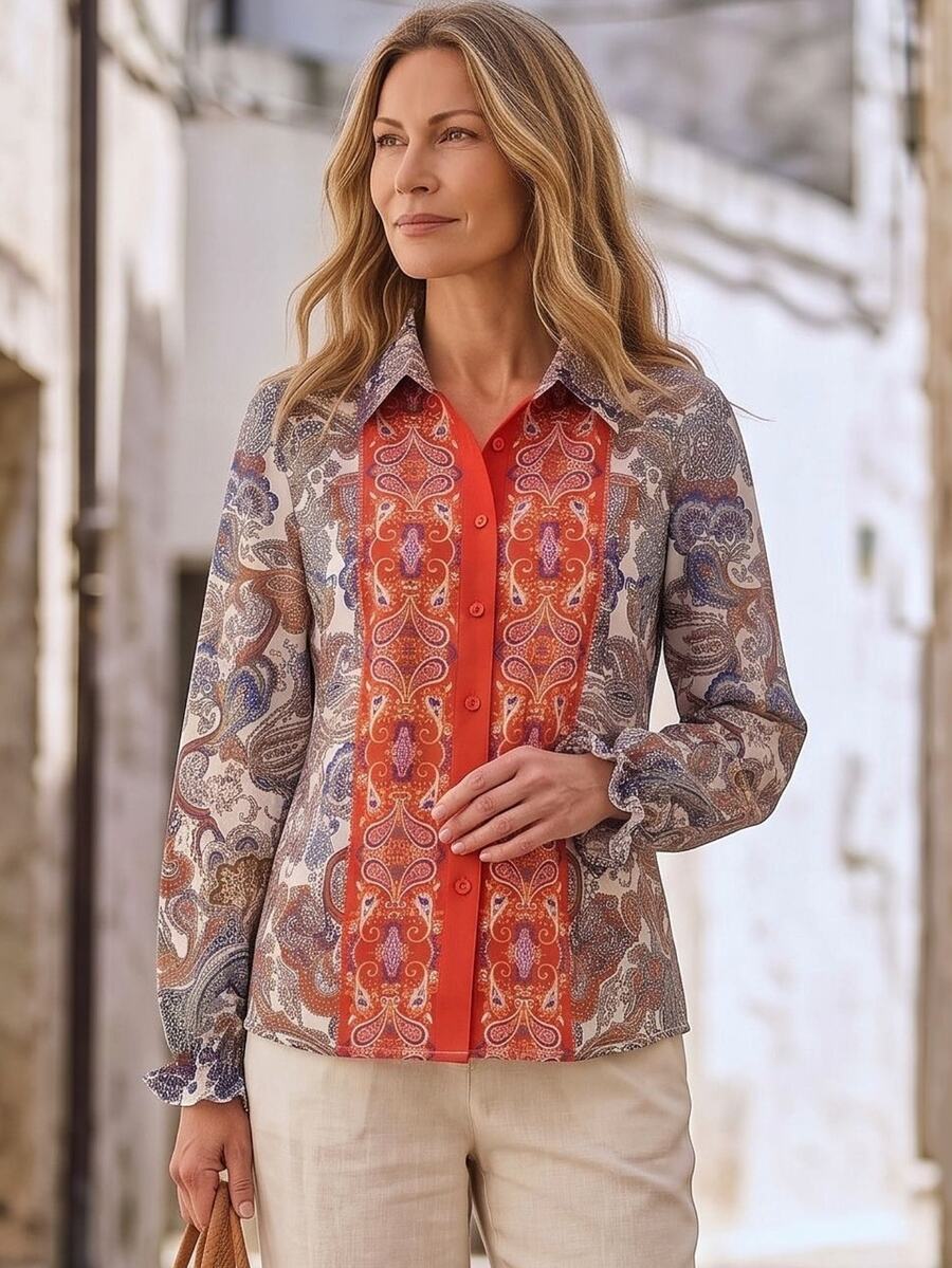 Hansera Floral Pattern Long Sleeve Single-Breasted Casual Shirt For Middle-Aged And Elderly Women - Multicolor - View 1