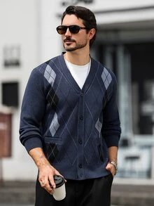 Manfinity CasualKnits Men's V-Neck Argyle Jacquard Button-Up Cardigan Sweater - Navy Blue - View 4