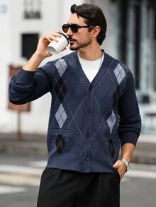 Manfinity CasualKnits Men's V-Neck Argyle Jacquard Button-Up Cardigan Sweater - Navy Blue - View 6
