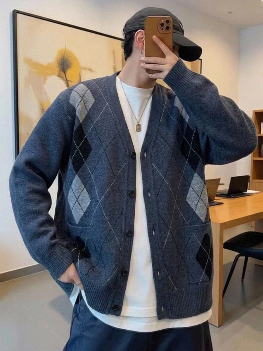 Manfinity CasualKnits Men's V-Neck Argyle Jacquard Button-Up Cardigan Sweater - Navy Blue - View 1