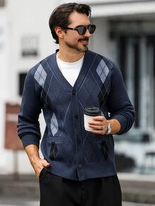 Manfinity CasualKnits Men's V-Neck Argyle Jacquard Button-Up Cardigan Sweater - Navy Blue - View 5