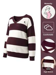 Momance Maternity Sweater Loose Fit V-Neck Striped Contrast Color Chest Embroidery Design Casual Everyday Versatile Knit Pullover - Multicolor - View 5