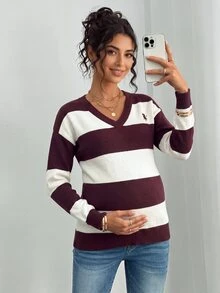 Momance Maternity Sweater Loose Fit V-Neck Striped Contrast Color Chest Embroidery Design Casual Everyday Versatile Knit Pullover - Multicolor - View 3