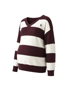 Momance Maternity Sweater Loose Fit V-Neck Striped Contrast Color Chest Embroidery Design Casual Everyday Versatile Knit Pullover - Multicolor - View 7