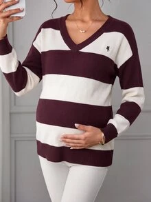 Momance Maternity Sweater Loose Fit V-Neck Striped Contrast Color Chest Embroidery Design Casual Everyday Versatile Knit Pullover - Multicolor - View 2