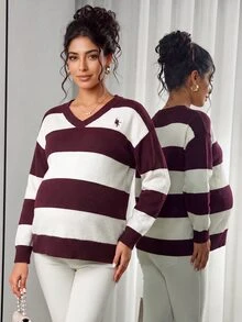 Momance Maternity Sweater Loose Fit V-Neck Striped Contrast Color Chest Embroidery Design Casual Everyday Versatile Knit Pullover - Multicolor - View 1