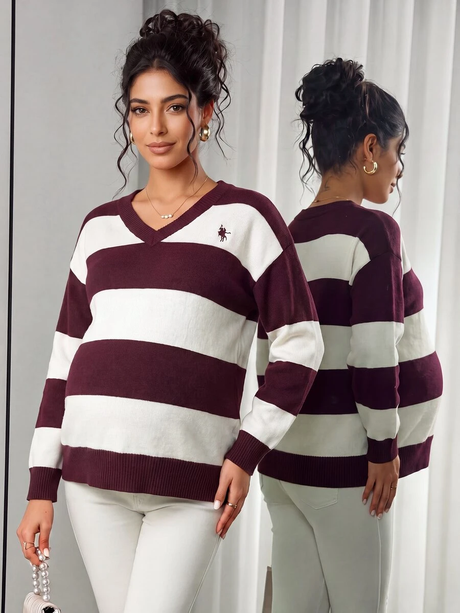 Momance Maternity Sweater Loose Fit V-Neck Striped Contrast Color Chest Embroidery Design Casual Everyday Versatile Knit Pullover - Multicolor - View 1