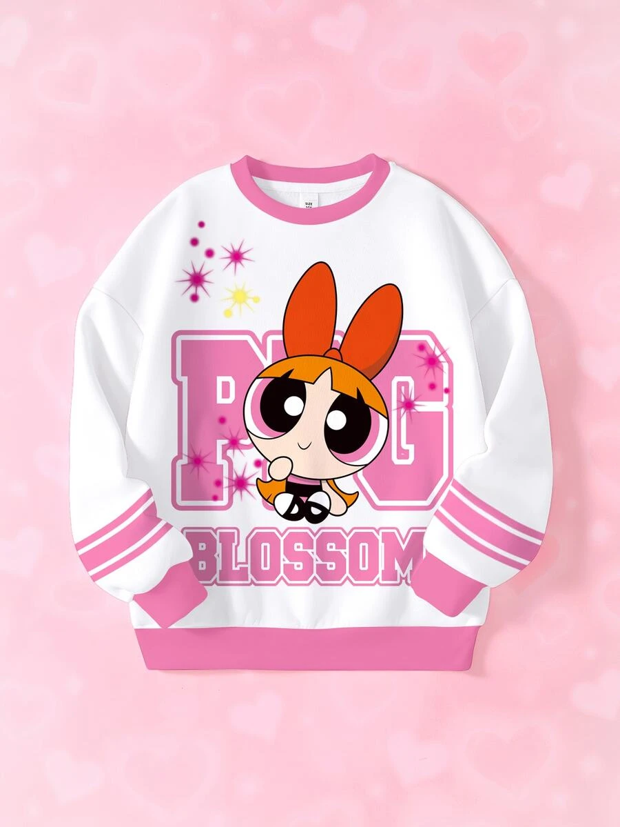 THE POWERPUFF GIRLS X SHEIN Sweatshirt Lengan Panjang Motif Kartun untuk Remaja Perempuan - Putih - View 1