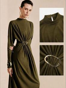 Arave Women's Fashion Elegant Minimalist Design Metal Buckle Decor Pleated Waist Long Sleeve Dress, Versatile Daily Commute Base Layer - Olive Green - View 1