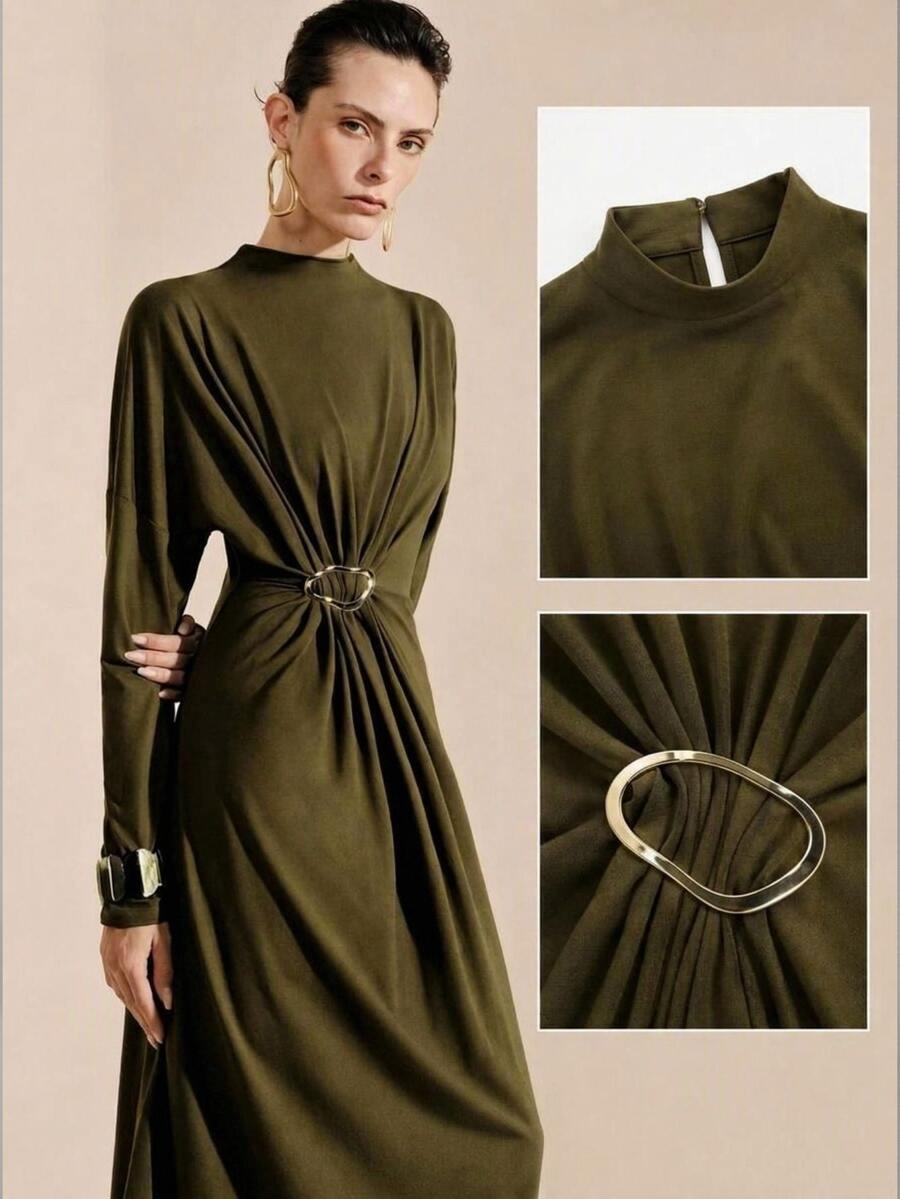 Arave Women's Fashion Elegant Minimalist Design Metal Buckle Decor Pleated Waist Long Sleeve Dress, Versatile Daily Commute Base Layer - Olive Green - View 1