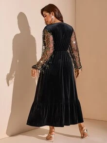 Comfylo 大尺碼女款拼接亮片網紗長袖優雅洋裝 雞尾酒會派對黑色 秋冬款 - 黑色 - 查看 4