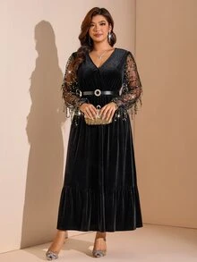 Comfylo 大尺碼女款拼接亮片網紗長袖優雅洋裝 雞尾酒會派對黑色 秋冬款 - 黑色 - 查看 6