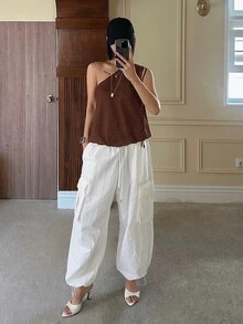 DAZY 女款波點不對稱單肩抽繩綁帶休閒度假夏季細肩帶上衣校園風 - 棕色 - 查看 5