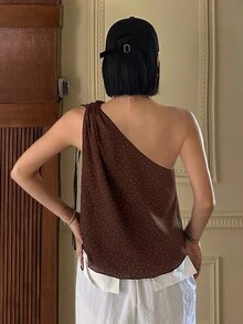 DAZY 女款波點不對稱單肩抽繩綁帶休閒度假夏季細肩帶上衣校園風 - 棕色 - 查看 6