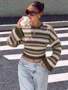 Attitoon Nouveau T-shirt à manches longues ajustées avec manches chauve-souris rayées vertes pour l'automne, top élégant et décontracté polyvalent pour le printemps, l'été, l'automne et l'hiver, convient pour les sorties et les fêtes, tenue de bureau urbaine pour femmes d'affaires, style discret Old Money sophistiqué pour les trajets et l'aéroport, look polyvalent de style de rue décontracté pour les cafés - Multicolore - Voir 6