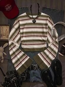 Attitoon Nouveau T-shirt à manches longues ajustées avec manches chauve-souris rayées vertes pour l'automne, top élégant et décontracté polyvalent pour le printemps, l'été, l'automne et l'hiver, convient pour les sorties et les fêtes, tenue de bureau urbaine pour femmes d'affaires, style discret Old Money sophistiqué pour les trajets et l'aéroport, look polyvalent de style de rue décontracté pour les cafés - Multicolore - Voir 3