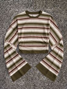 Attitoon Nouveau T-shirt à manches longues ajustées avec manches chauve-souris rayées vertes pour l'automne, top élégant et décontracté polyvalent pour le printemps, l'été, l'automne et l'hiver, convient pour les sorties et les fêtes, tenue de bureau urbaine pour femmes d'affaires, style discret Old Money sophistiqué pour les trajets et l'aéroport, look polyvalent de style de rue décontracté pour les cafés - Multicolore - Voir 1