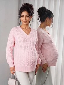 Momance Maternity V-Neck Zen Cable Knit Sweater Winter - Pink - View 3