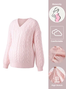 Momance Maternity V-Neck Zen Cable Knit Sweater Winter - Pink - View 7