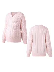 Momance Maternity V-Neck Zen Cable Knit Sweater Winter - Pink - View 12