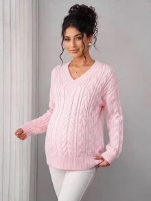 Momance Maternity V-Neck Zen Cable Knit Sweater Winter - Pink - View 2