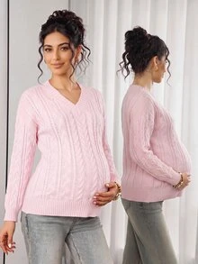 Momance Maternity V-Neck Zen Cable Knit Sweater Winter - Pink - View 4