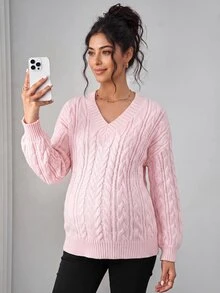 Momance Maternity V-Neck Zen Cable Knit Sweater Winter - Pink - View 6
