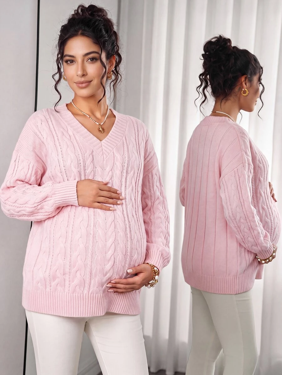 Momance Maternity V-Neck Zen Cable Knit Sweater Winter - Pink - View 1