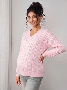 Momance Maternity V-Neck Zen Cable Knit Sweater Winter - Pink - View 5
