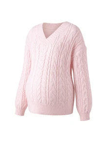 Momance Maternity V-Neck Zen Cable Knit Sweater Winter - Pink - View 9