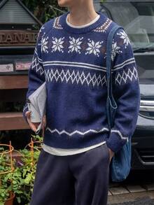 Manfinity Homme 男士秋冬幾何圖案插肩袖長袖休閒毛衣聖誕款 - 藏蓝色 - 查看 3