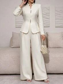 Feyla Women's Solid Color Long Sleeve Single-Breasted Jacket And Wide Leg Pants Elegant Suit Set - Apricot - View 4