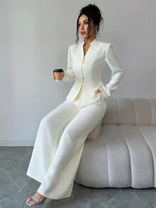 Feyla Women's Solid Color Long Sleeve Single-Breasted Jacket And Wide Leg Pants Elegant Suit Set - Apricot - View 9