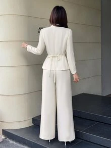 Feyla Women's Solid Color Long Sleeve Single-Breasted Jacket And Wide Leg Pants Elegant Suit Set - Apricot - View 3