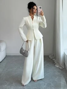 Feyla Women's Solid Color Long Sleeve Single-Breasted Jacket And Wide Leg Pants Elegant Suit Set - Apricot - View 10
