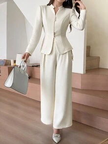 Feyla Women's Solid Color Long Sleeve Single-Breasted Jacket And Wide Leg Pants Elegant Suit Set - Apricot - View 7