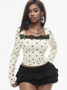 Vadaroq Women's Fall Cute Vintage Elegant Going Out Everyday Date Sweet Lace Patchwork Black And Cream Print T-Shirt - Multicolor - View 1