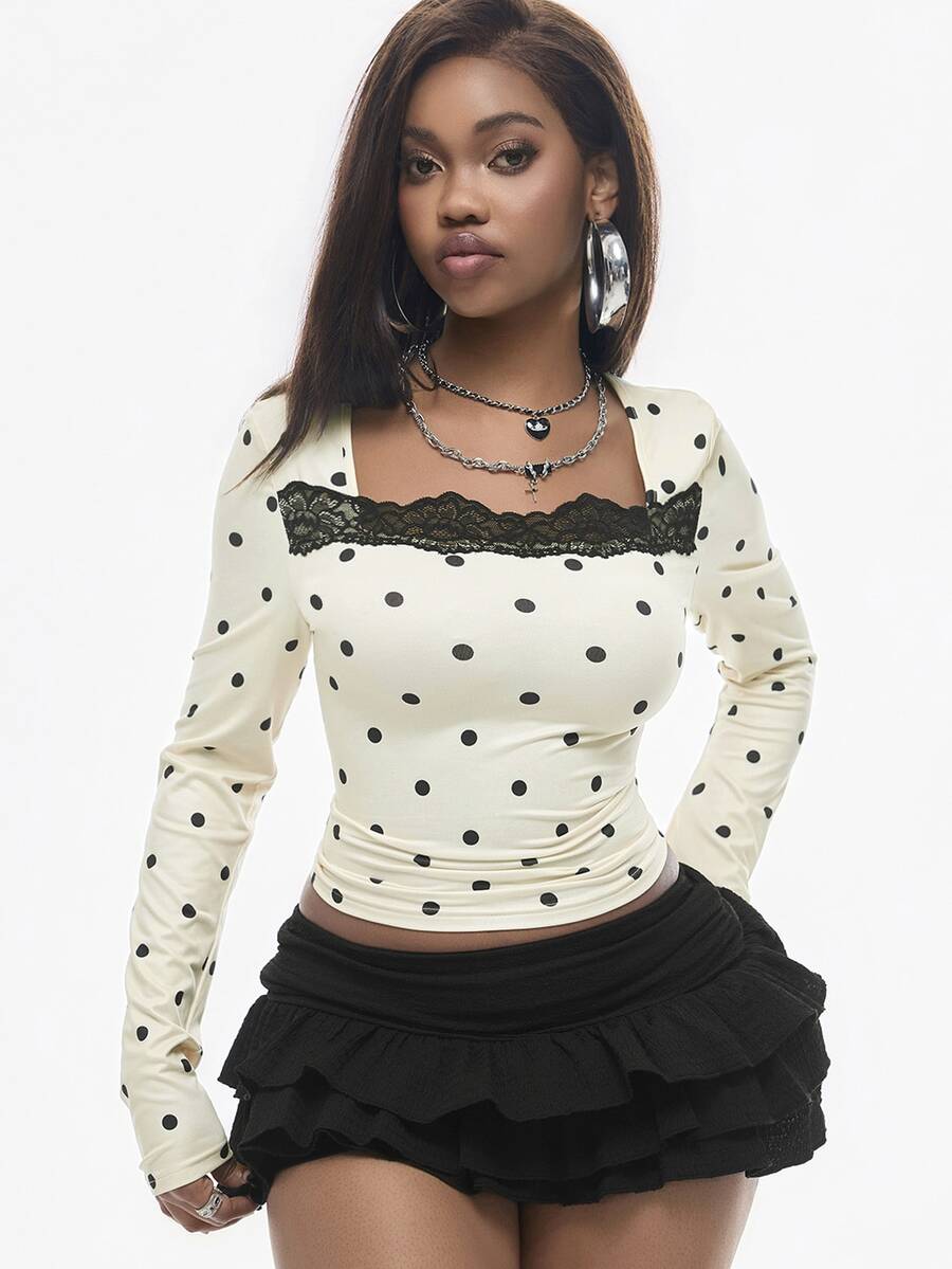 Vadaroq Women's Fall Cute Vintage Elegant Going Out Everyday Date Sweet Lace Patchwork Black And Cream Print T-Shirt - Multicolor - View 1