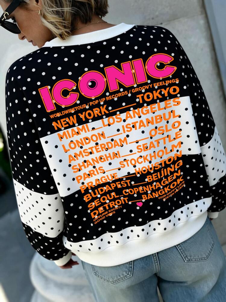 Breezaya Women's Plus Size Color Block Black And White Sweatshirt ICONIC World Tour City Letter Graphic Front Back Print Crew Neck Long Sleeve Pullover Fall - Multicolor - View 7