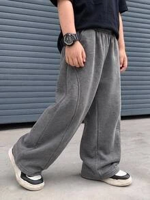 SHEIN 1 Boys Casual Loose Kids Elastic Waist Dark Gray Pants, For Winter, Suitable For School, Suitable For Daily Wear, - Versatile, Simple And Comfortable. - Dark Grey - View 3