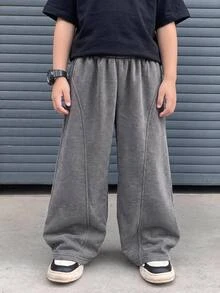 SHEIN 1 Boys Casual Loose Kids Elastic Waist Dark Gray Pants, For Winter, Suitable For School, Suitable For Daily Wear, - Versatile, Simple And Comfortable. - Dark Grey - View 1