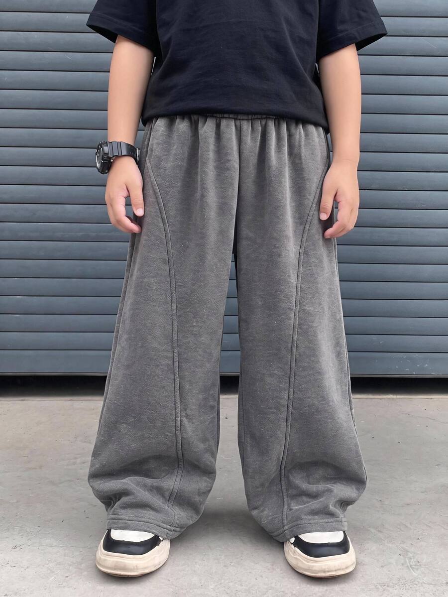 SHEIN 1 Boys Casual Loose Kids Elastic Waist Dark Gray Pants, For Winter, Suitable For School, Suitable For Daily Wear, - Versatile, Simple And Comfortable. - Dark Grey - View 1