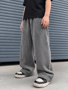 SHEIN 1 Boys Casual Loose Kids Elastic Waist Dark Gray Pants, For Winter, Suitable For School, Suitable For Daily Wear, - Versatile, Simple And Comfortable. - Dark Grey - View 4