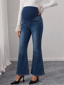 SHEIN 孕婦彈性牛仔喇叭褲 - 深色水洗藍 - 查看 1
