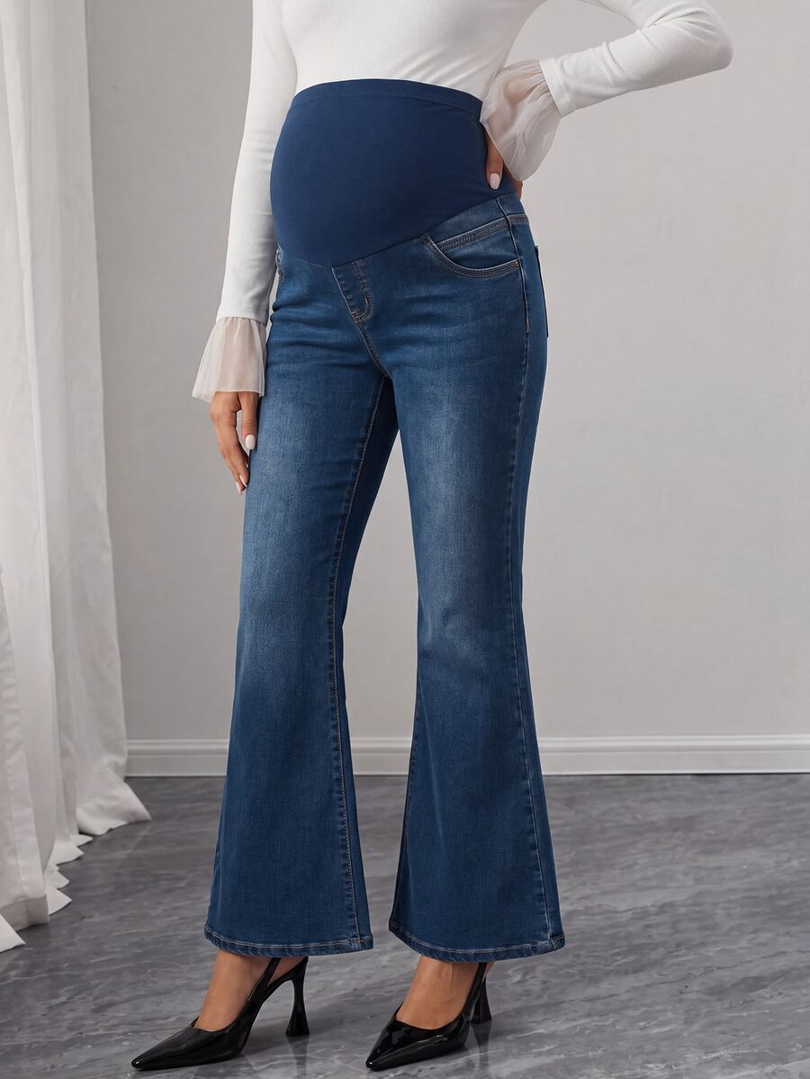 SHEIN 孕婦彈性牛仔喇叭褲 - 深色水洗藍 - 查看 1