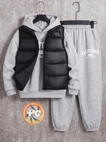 SHEIN 3件組買2送1兒童青少年男孩休閒卡其色運動衫與運動長褲套裝，附絎縫加厚冬季外套派克大衣，適合秋冬、上學、冬季穿搭 - 淺灰色 - 查看 3