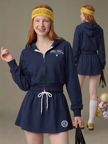 Dewbera Dewbera Navy Blue Women's 2 Pieces Sports Sweatshirt Set Workout Fall Sporty Athleisure - Navy Blue - View 3