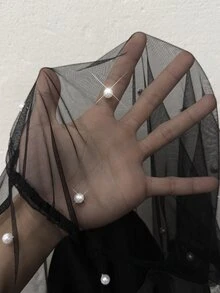 SHEIN LUNE 大尺碼女款人造珍珠裝飾對比網格長袖優雅洋裝 秋季 - 黑色 - 查看 9