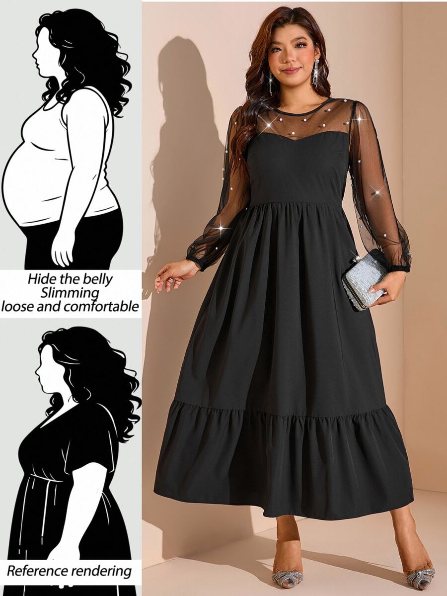 SHEIN LUNE فستان أنيق للنساء بمقاسات كبيرة مزين بخرز لؤلؤي مزيف وشبكة متباينة بأكمام طويلة للخريف - الأسود - مشاهدة 1